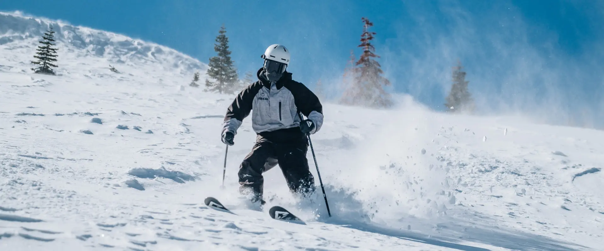 Skier in the powder at Soda Springs Resort in California near Truckee and Lake Tahoe